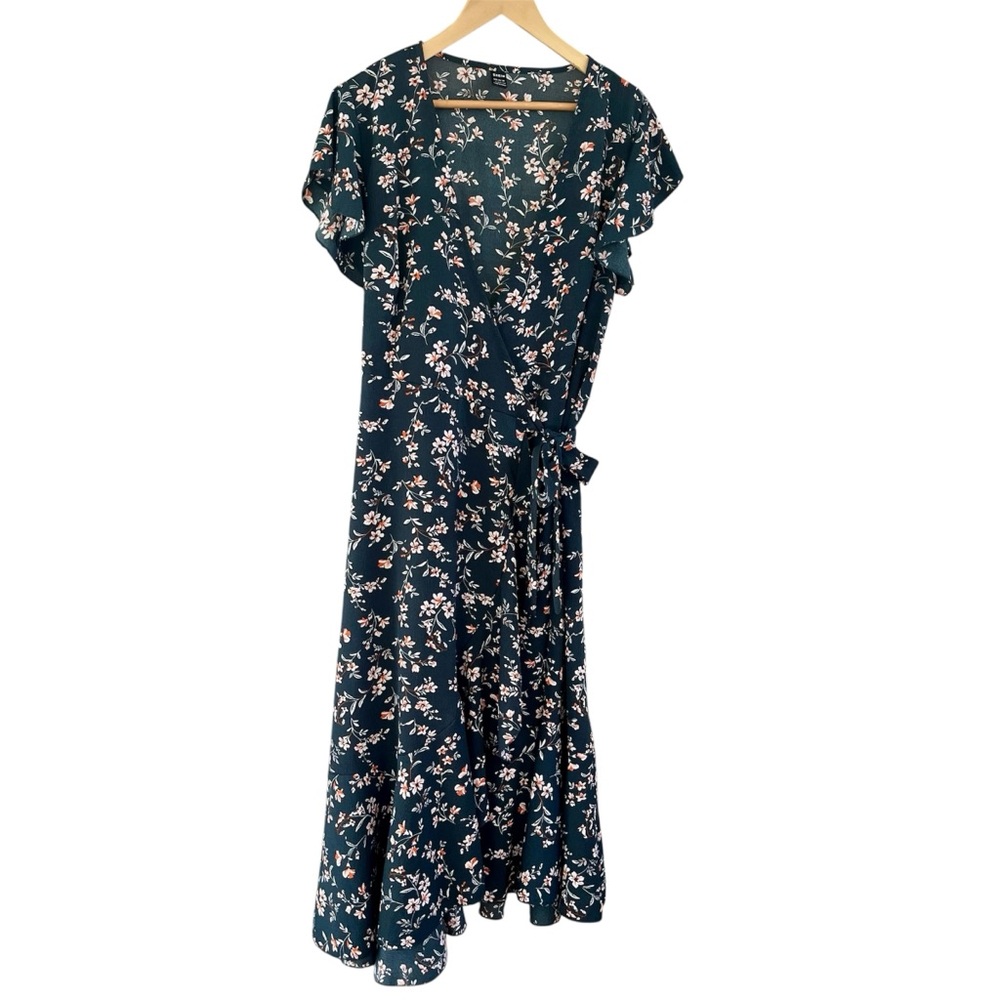 Boho Ditsy Floral Wrap Maxi Dress Black Large Shein Flutter Sleeve Cottagecore